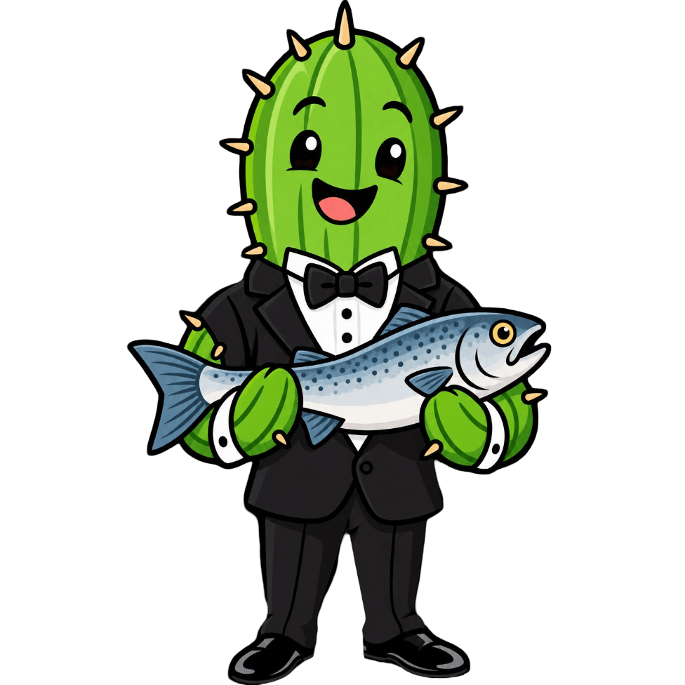 Cactus in Tuxedo Holding a Fish
