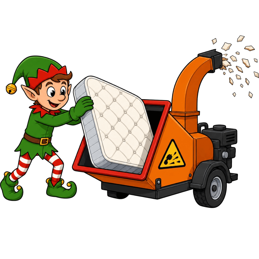 Elf Puts Mattress Into Wood Chipper