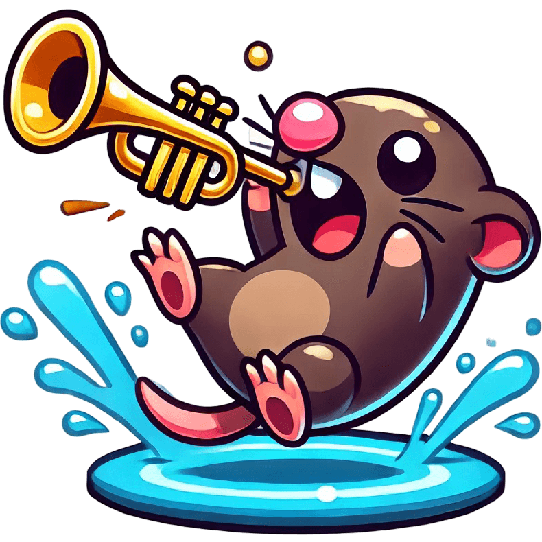 Mole Playing Trumpet Slips on Puddle of Water